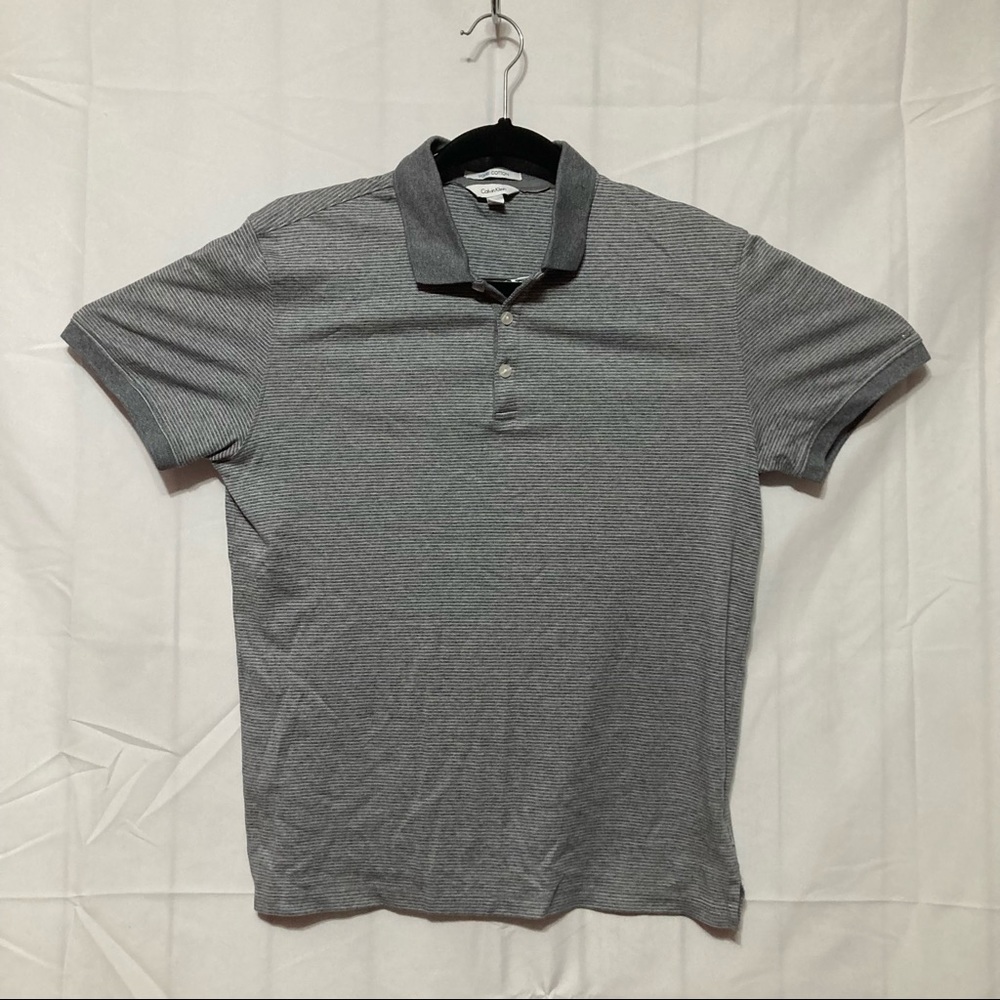 Calvin Klein Polo Shirt Mens S Gray White Striped Liquid Cotton